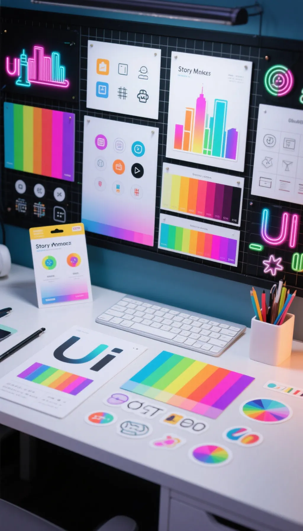 Instagram 故事模板素材库示意：队色条带、城市光晕、比分牌、贴纸组件