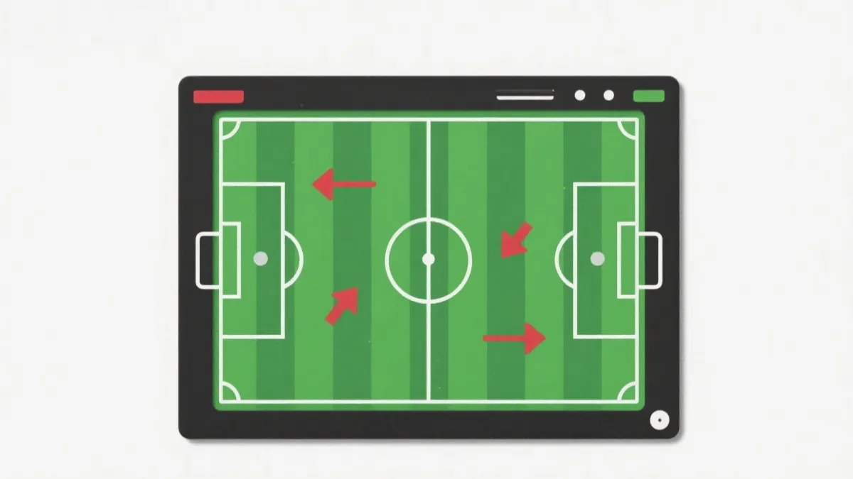 战术复盘视觉：球场俯视、箭头线路、球员跑位示意，突出美国队边路推进与中路封锁